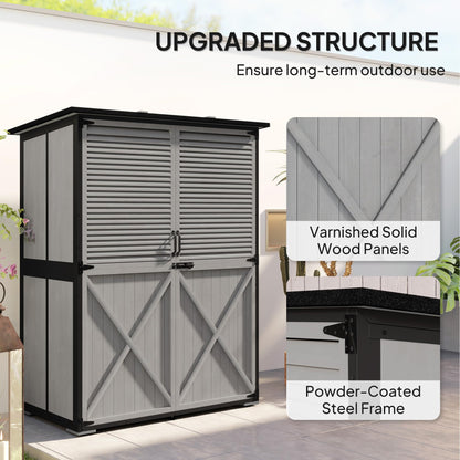 Outsunny Outdoor Storage Cabinet, Wood Garden Tool Shed with Lock, Steel Frame and Asphalt Roof, Garden Storage Shed with Adjustable Shelves and Feet for Patio Backyard Lawn, Gray