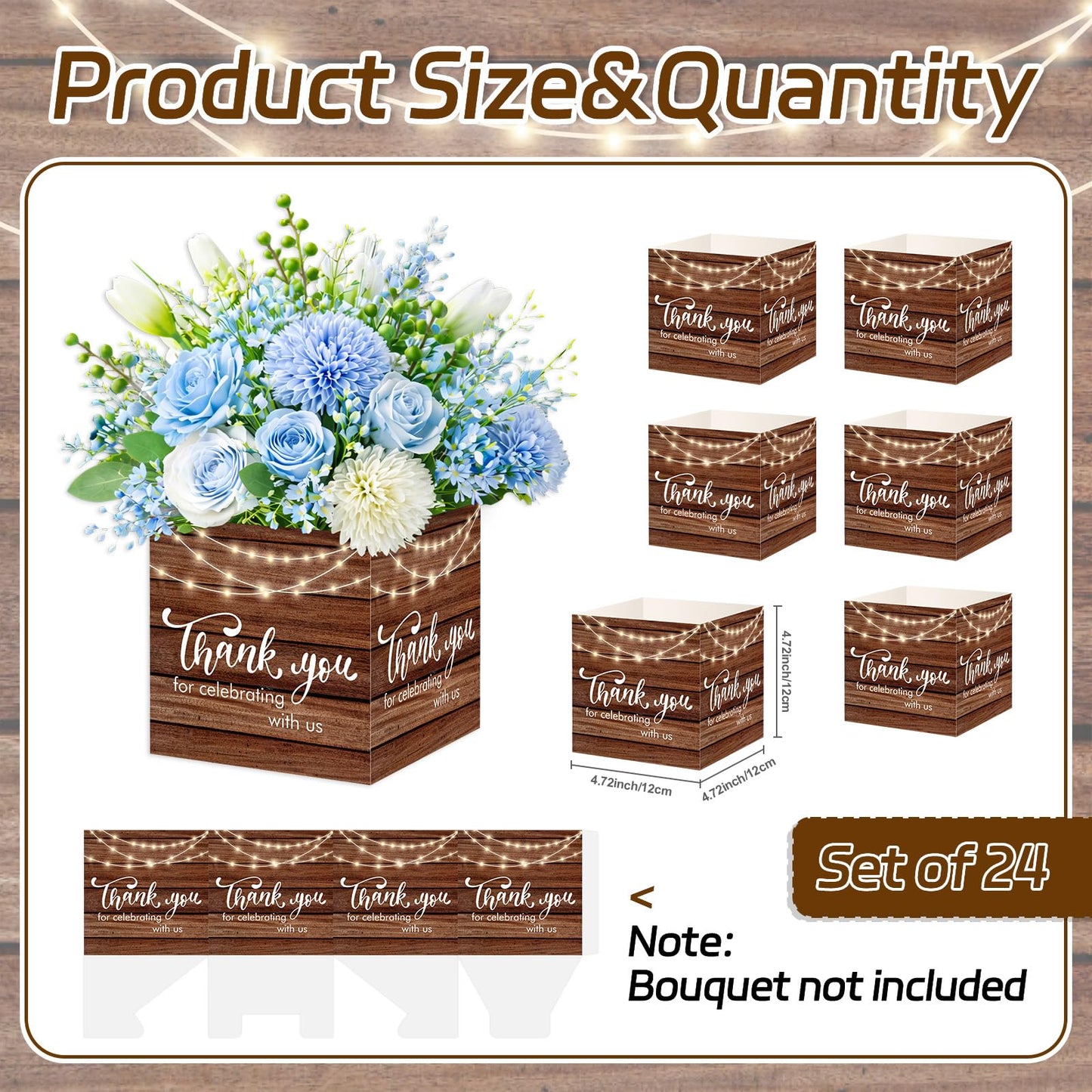 Cinrobiye 24 Pcs Rustic Wedding Table Centerpiece Boxes, 4.7‘’ Thank You Gift Paper Boxes for Engagement, Bridal Shower, Birthday Party Favors