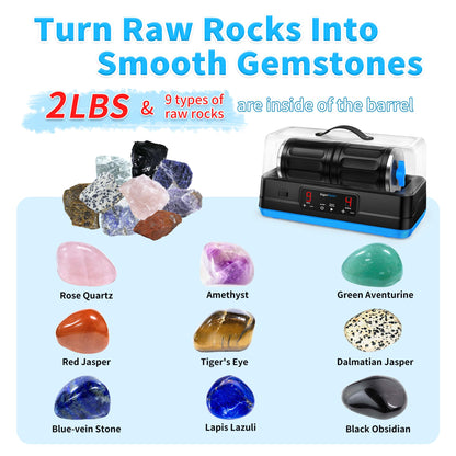 KomeStone Ultra Quiet Brushless Rock Tumbler Kit – 7LB Dual-Barrel Capacity with Noise-Canceling Cover, 4-Speed Control & 9-Day Timer, Full Accessories Included, Professional Rock Polisher for Adults
