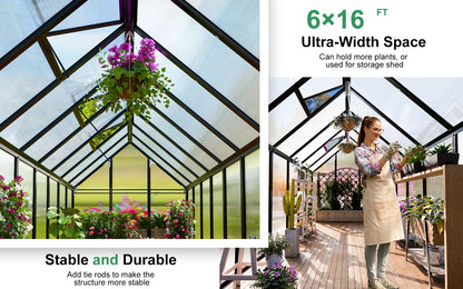 CDCASA 16x6 FT Greenhouse for Outdoors, Easy Assembly Large Aluminum Heavy Duty Polycarbonate Greenhouses Kit w/2 Window, Swing Door, Walk-in Green House for Outsides, Sunroom, Backyard, Garden