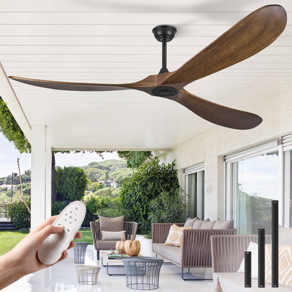 72 Inch Ceiling Fans without Lights, Wood Large Ceiling Fan no Light and Remote Control, Modern Indoor Outdoor Ceiling Fan no Light 3 Blade Propeller for Patios Farmhouse Garage High cfm, Dark Walnut