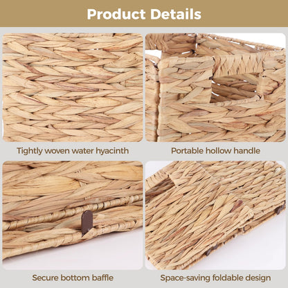 4 Pcs 9 Inch Wicker Cubes Storage Bins - Woven Water Hyacinth Storage Baskets, Foldable Bins with Handles, Collapsible Square Containers for Shelves, Closets, 8.7×8.7×8.7"