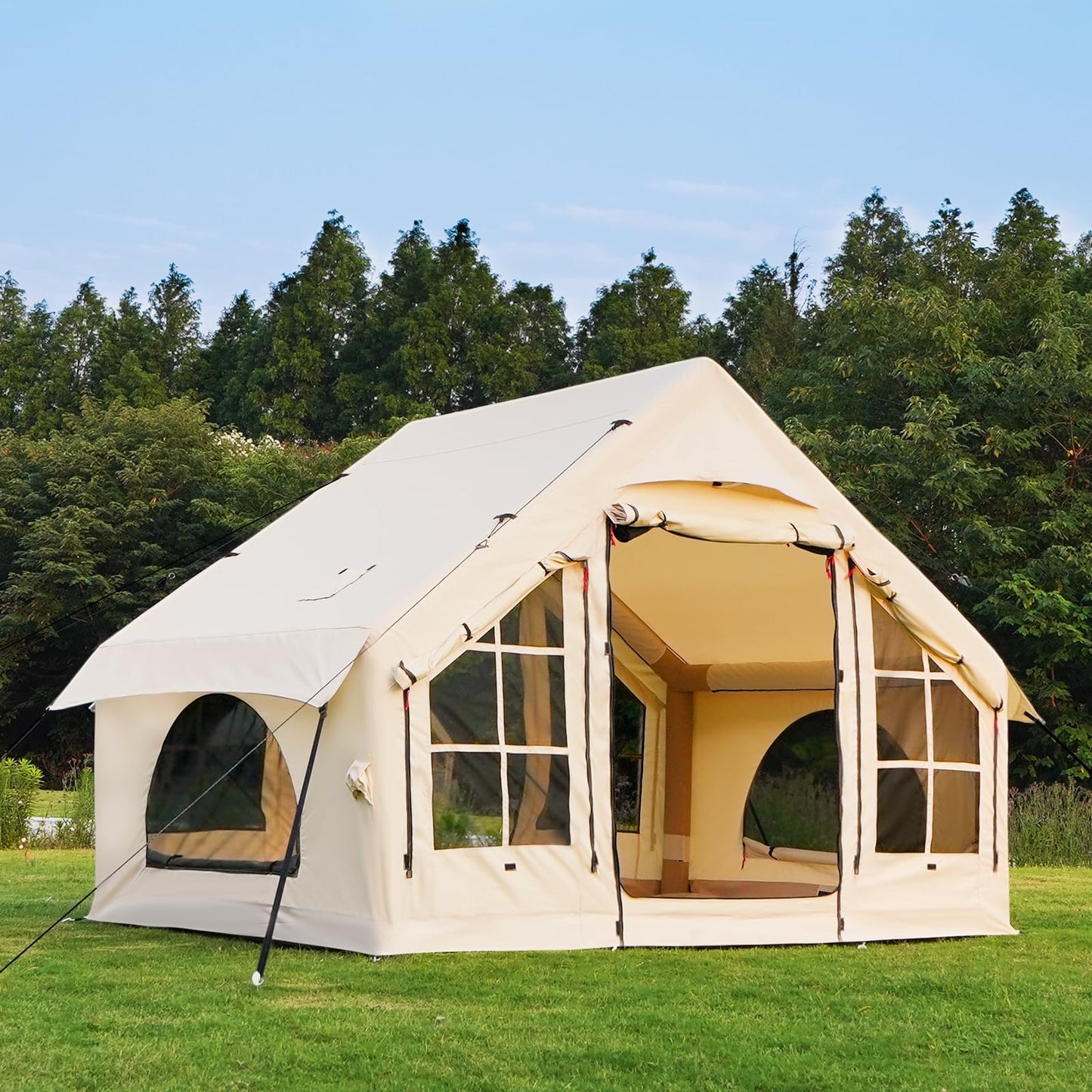 KNUO 2026 Upgraded Waterproof Inflatable Camping Tent for 2~4 People, Large Blow-Up Air Tent, No Assembly Needed Luxury Glamping House, 10x7.2ft Oxford Fabric, Beige