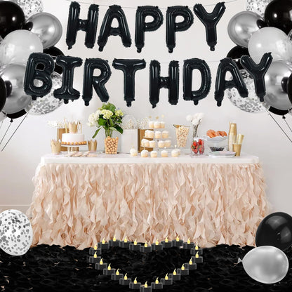 Birthday Decorations for Men - Black and Silver Birthday Decorations Include Letter Balloon Banner & Balloons & 1000 PCS Rose Petals & 24 Pack LED Tealight Candle, Black and Silver Party Supplies
