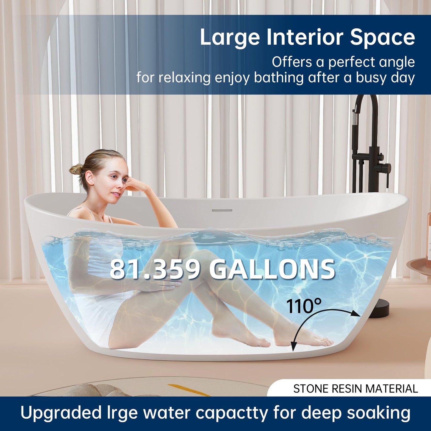 65'' Freestanding Solid Surface Resin Stone Bathtub, Freestanding Tub, Contemporary Design Stand Alone Tub with Pop-up Drain and Overflow, cUPC Certified, Matte White