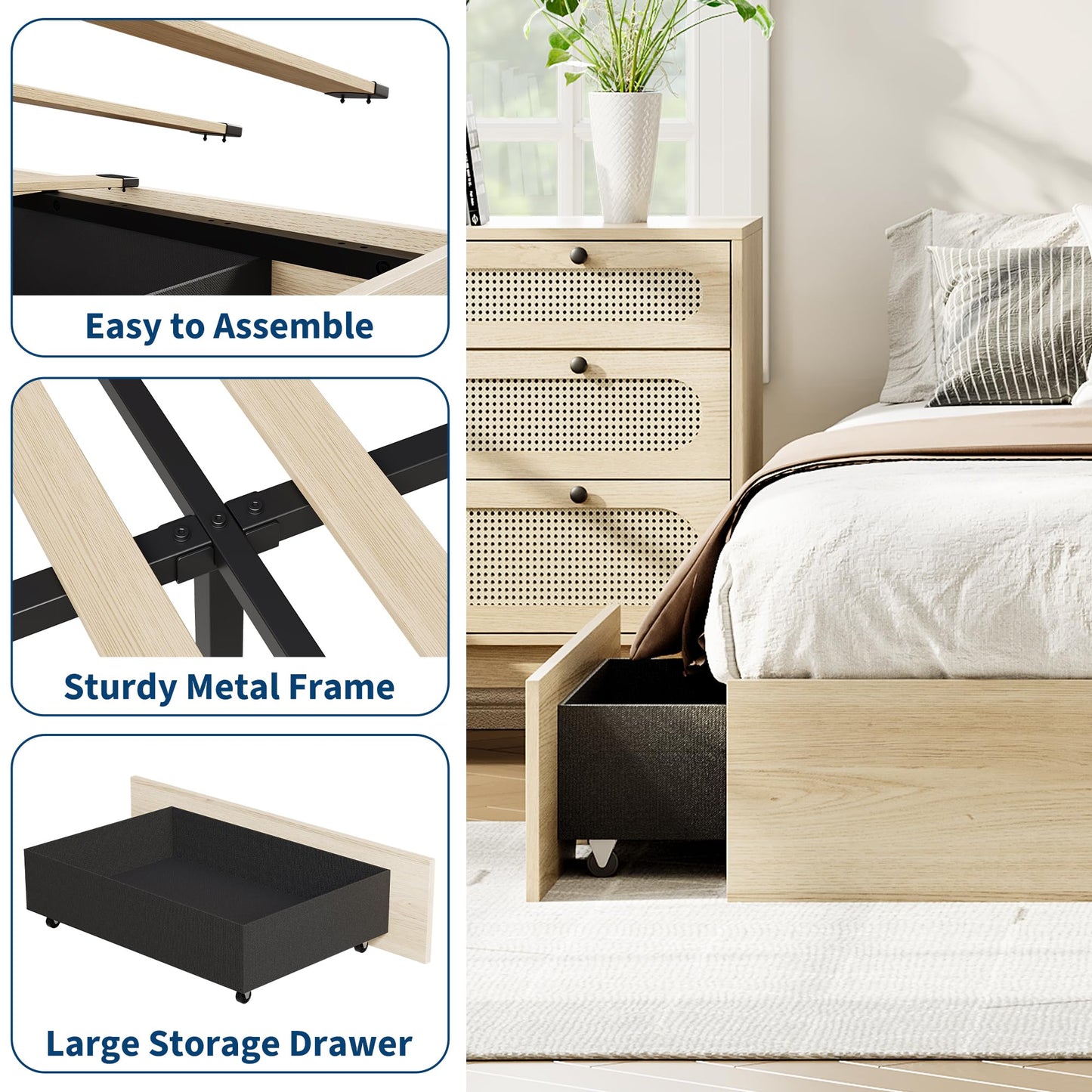 GarveeHome King Size Wood Platform Bed Frame with 2 Storage Drawers, Wooden Bed Frame Without Headboard, Wood Slat Support, No Box Spring Needed, Easy Assembly