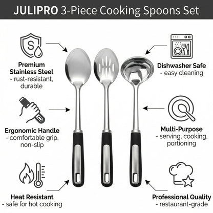 Stainless Steel Cooking Spoons Set – Includes Slotted Spoon, Serving Spoon & Soup Ladle, Heat-Resistant, Dishwasher Safe, Ergonomic Handles for Home & Commercial Use