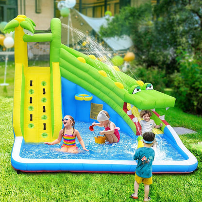 TOAOB Inflatable Water Slide：5 in 1 Crocodile Bounce House Water Park for Kids - Climbing Wall Splash Pool Water Cannon Basketball Rim - 480W Blower - for Indoor Outdoor Backyard Birthday Party
