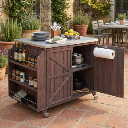 Merax Farmhouse 42." Grill Cart with Stainless Steel Top & Side Shelf, Outdoor Grill Station w/Adjustable Shelf & Lockable Wheels, Modular Kitchen Island for Food Prep & BBQ, Dark Brown