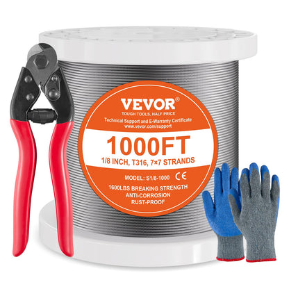 VEVOR 1/8 Stainless Steel Cable, 1000 FT 316 Cable Railing Kit with Cutter and Gloves, 1600 lbs Breaking Strength, 7x7 Strands Marine Aircraft Cable for Handrail Stair Decking Fence Outdoors