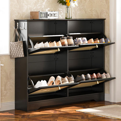Merax Shoe Cabinet Storage with 4 Flip Drawers, Free Standing Shoes Organizer with 4 Rattan Doors for Entryway, Narrow Tipping Bucket Rack, with 2 Hooks, Black