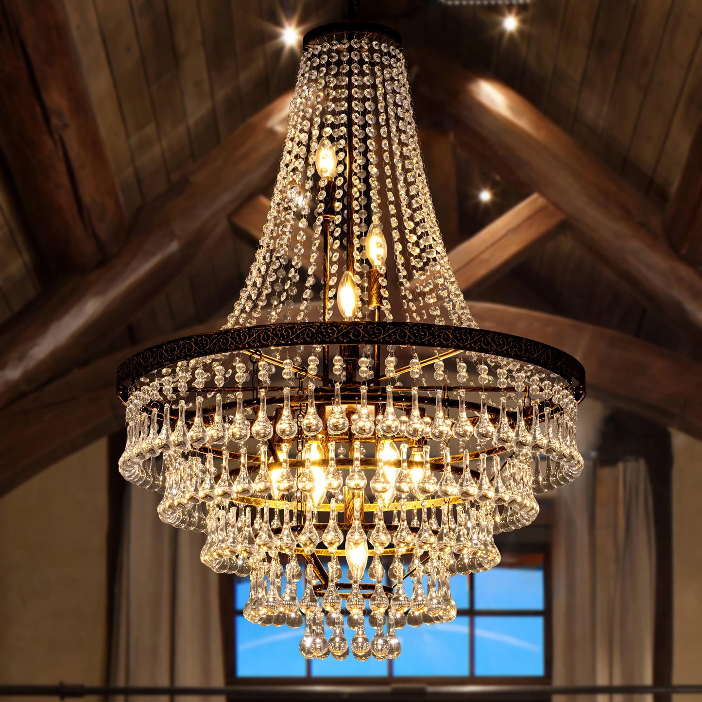 Wellmet French Empire Crystal Chandeliers, Antique Bronze Chandeliers 10 Lights, Rustic Farmhouse Chandelier High Ceiling Light Fixture for Entryway, Foyer, Dining Room, Staircase (Bronze, 28 Inches)