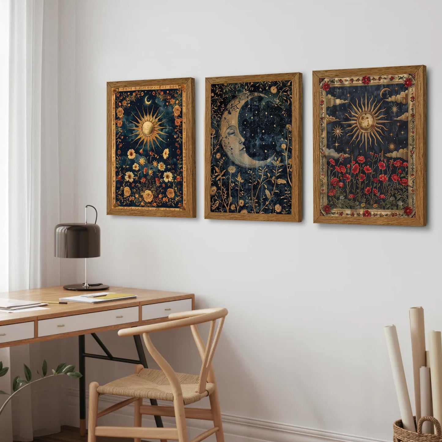 Palette Dreams Set of 3 Wood Framed Wall Art, Sun, Moon and Clouds Theme, Ready to Hang, Fade Resistant, Vibrant Art Prints for Bedroom, Living Room, Hallway, Home Office Decor, 12x16 Inches