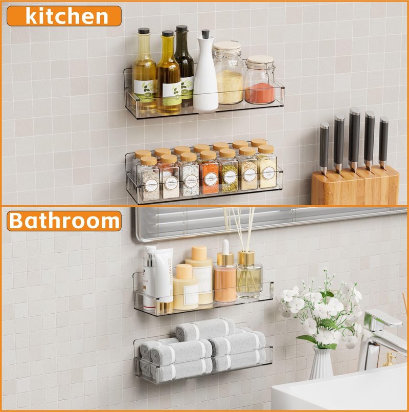 Yieach 4 Pack Clear Spice Rack Wall Mount with Adhesive,11.5″L x 3.6″W,Stick on Seasoning Jar Spice Organization for Cabinet Door or Pantry Door,Adhesive Wall Spice Rack for RV,Kitchen,Inside Cabinets