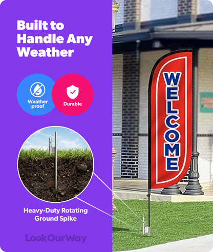 LookOurWay Feather Flag Pole Kit 3-Pack Bundle - 7ft Tall Grand Opening Advertising Banners with Poles and Ground Spikes - Open Red/White, Now Open Red/Yellow, Welcome Red/Blue