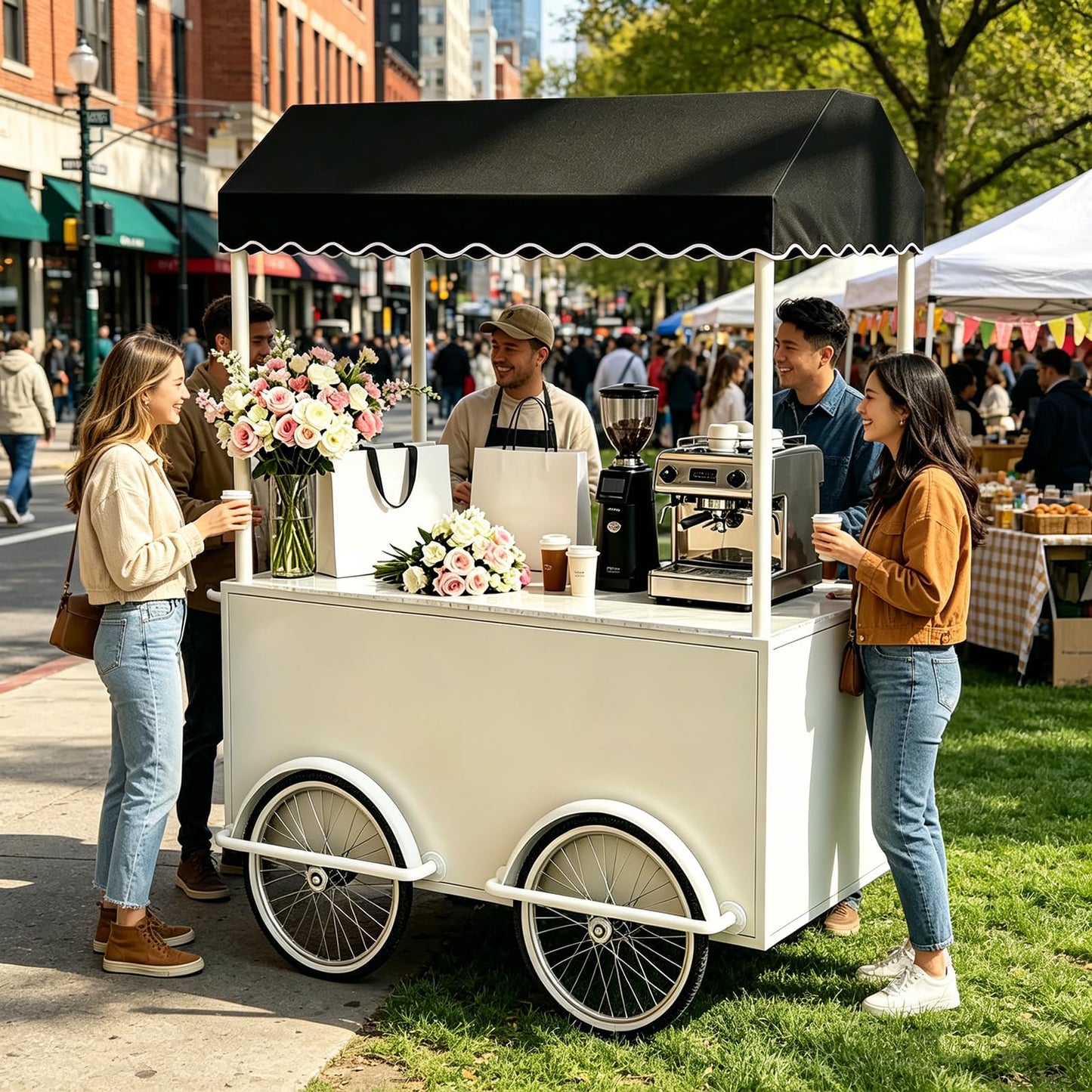 FUNEWBO Beverage & Coffee Service Cart with Scalloped Awning,Wheeled Display Trolley,Mobile Serving Station for Events,Cafes & Small Business(63 * 27.5 * 78.7in, White)