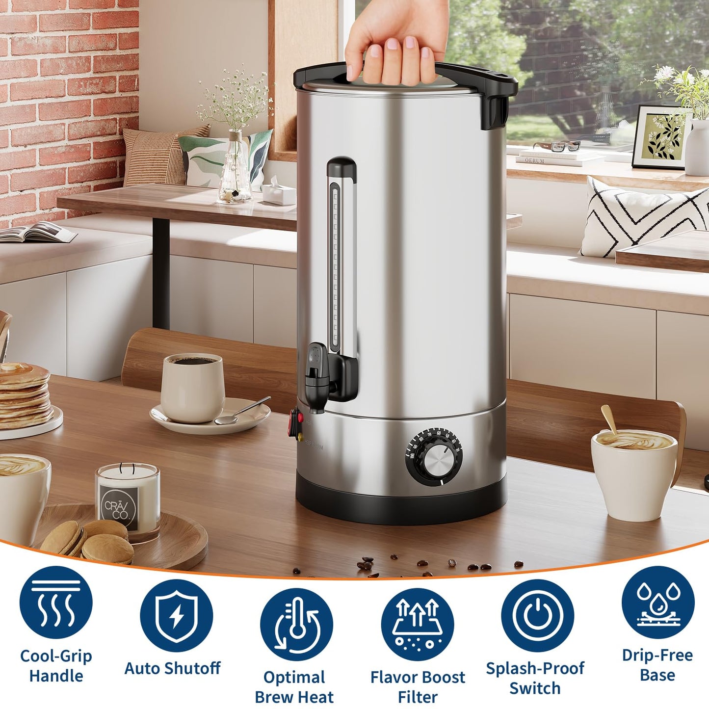 60 Cup Large Coffee Urn with Double Wall Insulation, 10L/2.6 Gallon Stainless Steel Commercial Electric Coffee Dispenser with Hot Drinks and Hot Water, for Weddings, Parties, Catering, and Buffets