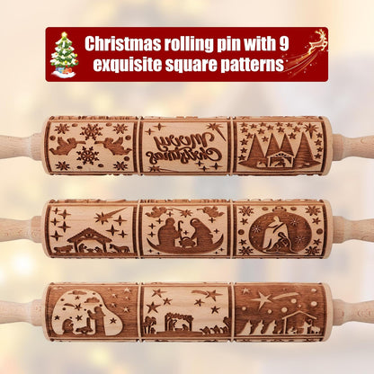 17" Premium Wood Rolling Pin with Nativity Embossed Designs, 3mm Deep Springerle Cookie Molds for Baking Gifts