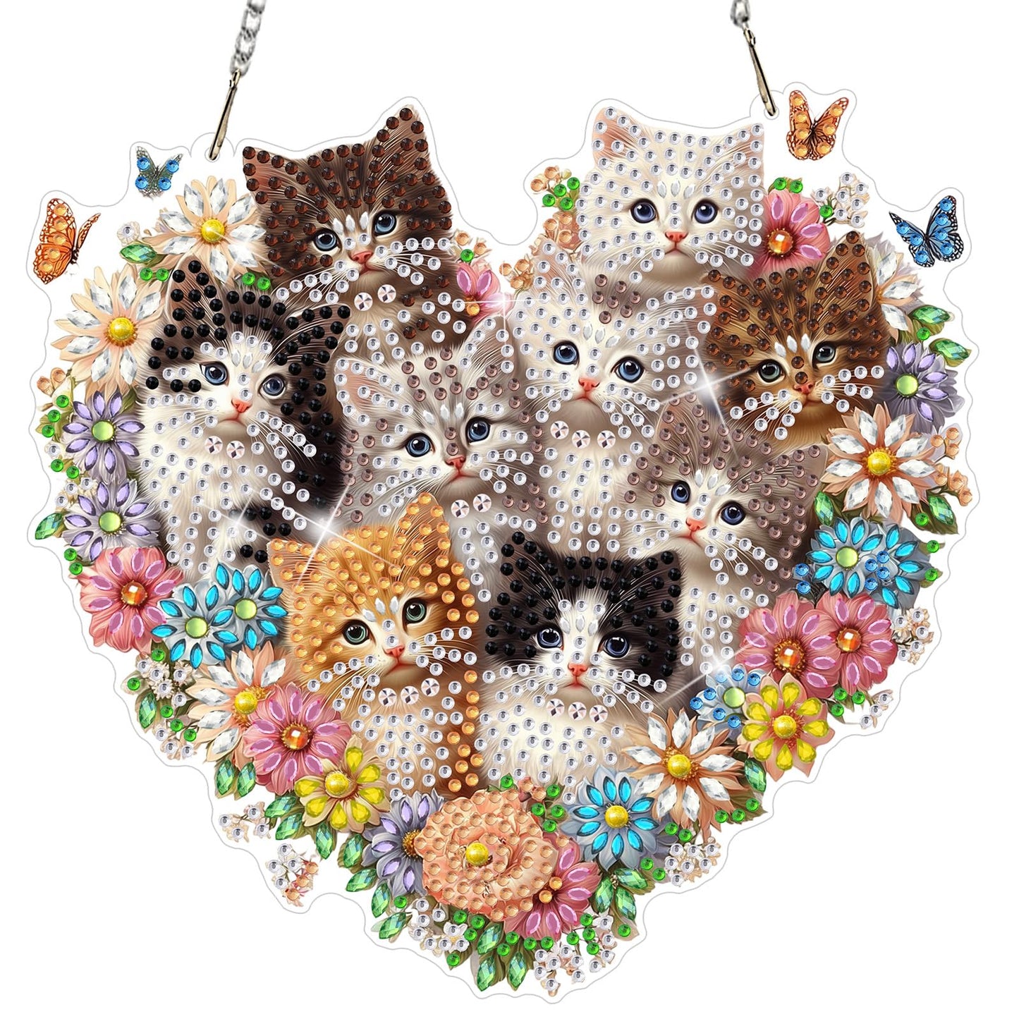 MEIYUDA Cat Diamond Art Hanging Kits for Adult, Flower Cats Diamond Painting Hanging Kits Ornaments, DIY Special Shaped Rhinestone Window Pendants Kit for Home Garden Wall Decor Gift