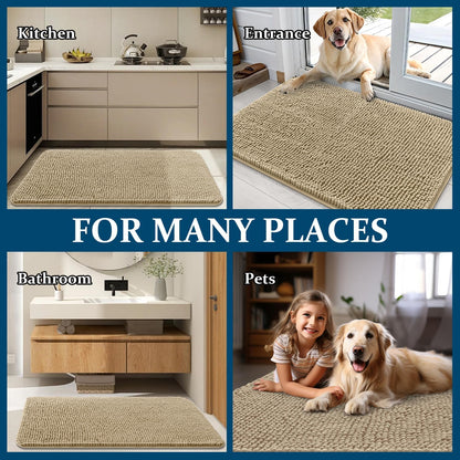 OLANLY Dog Door Mat - Absorbent Non-Slip Chenille Mat for Muddy Paws | 59x35 Inches, Beige
