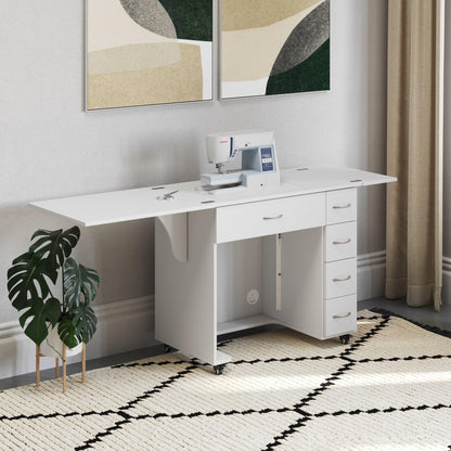 Arrow Classic Sewing Furniture Alice Compact Mid-Size Sewing Cabinet with Hydraulic Machine Lift, Drawers, Expandable Leaves, Locking Wheels - Ash White