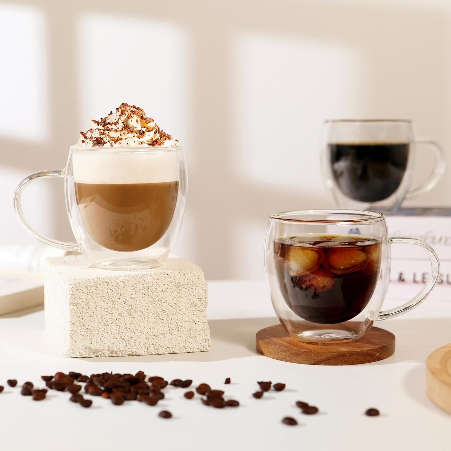 12oz(4-pack) CNGLASS Double Walled Glass Coffee Mugs,Insulated Glass Mugs with Handle,Clear Espresso Cups