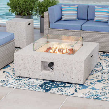 COSIEST 35-inch Square Outdoor Sandstone Propane Fire Pit w Wind Guard and Side Table, Certified, 50,000 BTU Stainless Steel Burner, Free Lava Rocks and Rain Cover, Metal Lid(Beige)