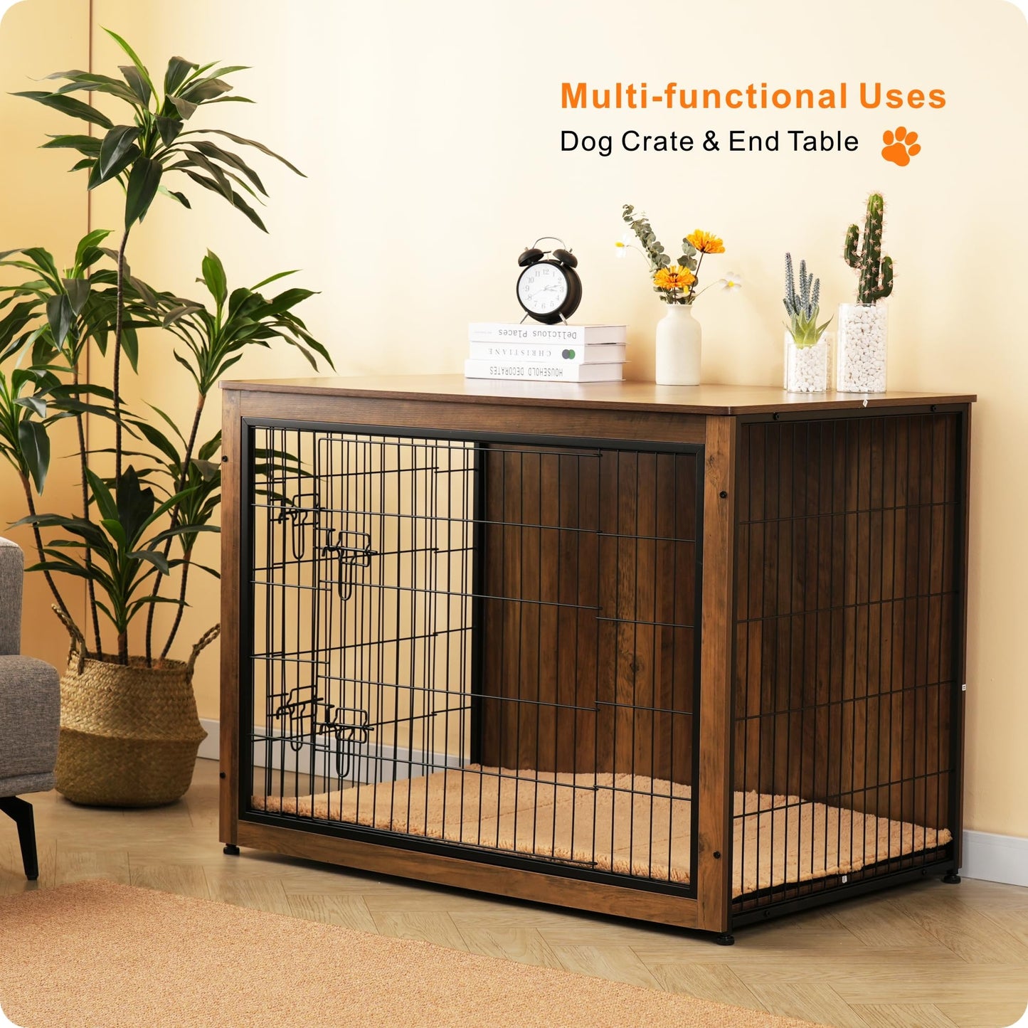 DWANTON Dog Crate Furniture with Cushion, Wooden Kennel Table with Double Doors, Indoor Dog House, Extra Large, 43.3" L, Warm Brown
