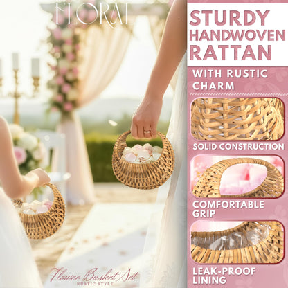 Small Flower Girl Basket Set of 2 - Small Wicker Basket with Handle and Waterproof Lining, 6.3 x 5.12 x 3.75 Inch - Rattan Design for Wedding Flower Petals, Candy, Gift Use, Storage and Home Decor