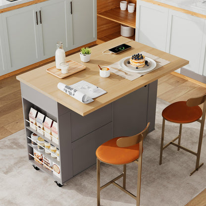GarveeHome Rolling Kitchen Island with Drop Leaf Countertop, Charging Station & Ample Storage - 47.2 in Mobile Kitchen Cart On Wheels with Pull-Out Shelves, Drawers, Spice Rack & Organizer Divider