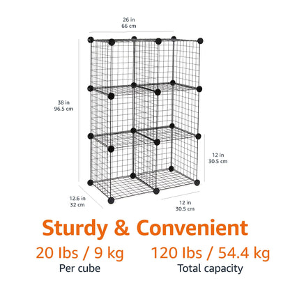 Amazon Basics 6-Cube Wire Grid Stackable Storage Organizer, Metal Shelving Unit, No-Tool Assembly, 26"W x 38"H x 12.6"D, Black