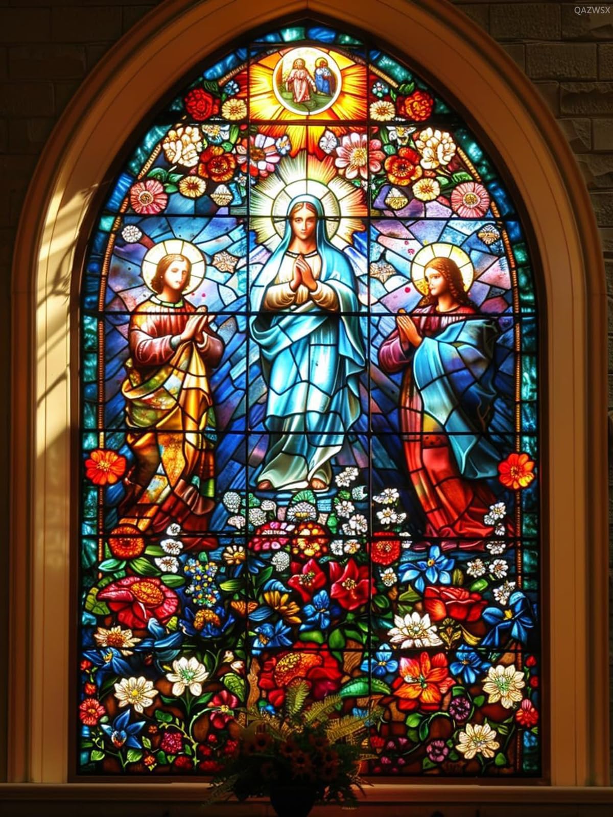 QAZWSX Stained Glass Window Jesus Holy Family 5D Diamond Art Painting for Adults Full Drill Round Diamond Paint by Number Kits for Beginners Gems Cross Stitch for Wall Decor 12x16inch