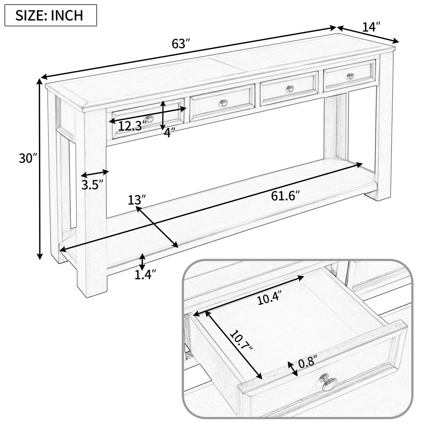 Jintop Solid Wood Console Sofa Table with 4 Drawers and Tabletop,Bottom Shelf for Entryway Hallway or Living Room,Space Saving,Easy to Assemble,Gray Wash,63" L×14" W×30" H