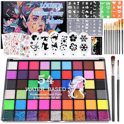 LOUHUA 54 Colors Face Painting Kit for Kids - Non Toxic Water Activated Face Paint with Stencils, Brushes, Gems - for Halloween, Birthday, Carnival, Cosplay