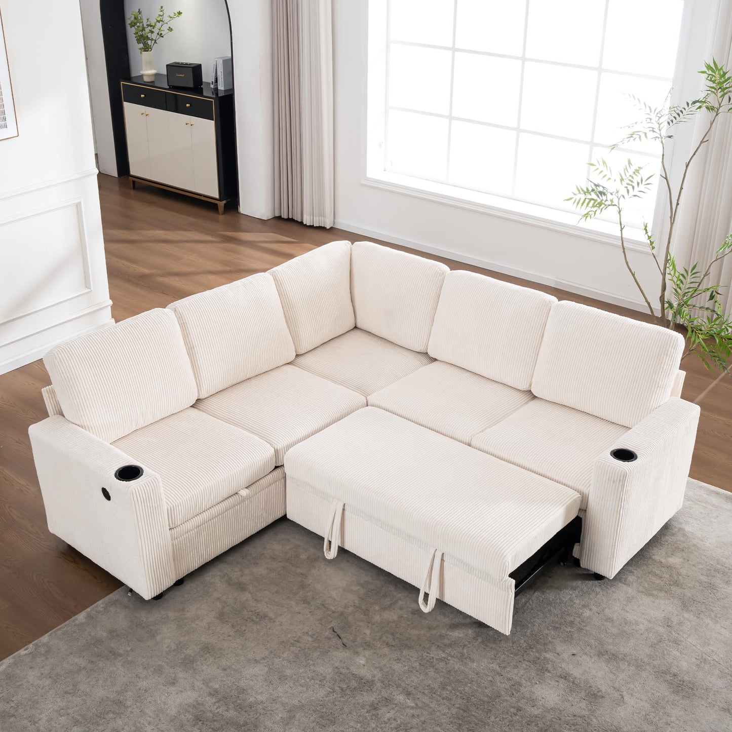 KEIKI 83" 4Seat Modular Sectional Sleeper Pull Out Bed Corduroy Sofa Couch with Chaise Storage Reversible USB Cup Holders for Modern Home Home Office Family Friendly Refined Design White