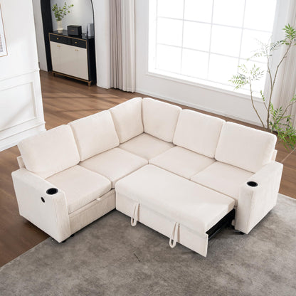KEIKI 83" 4Seat Modular Sectional Sleeper Pull Out Bed Corduroy Sofa Couch with Chaise Storage Reversible USB Cup Holders for Modern Home Home Office Family Friendly Refined Design White
