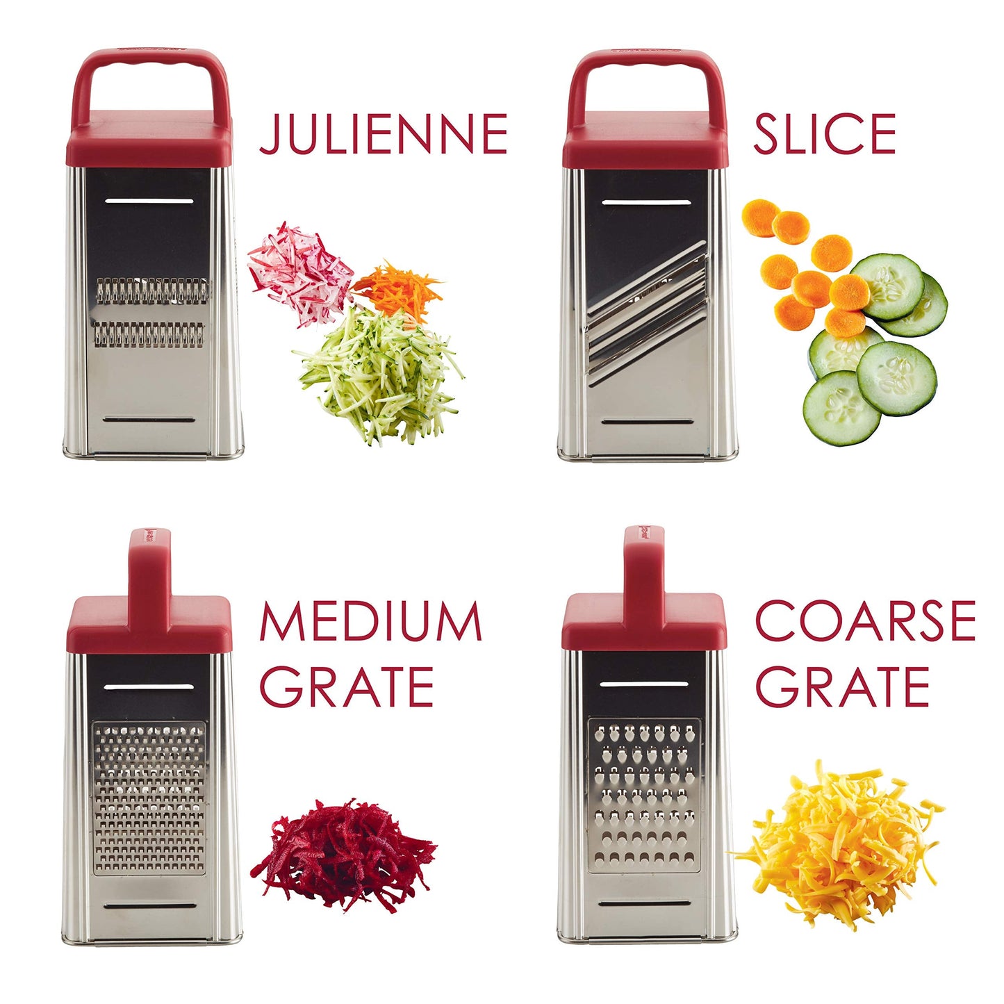 Rachael Ray Tools and Gadgets Stainless Steel Box Grater for Vegetables, Chocolate, Hard Cheeses, and more, Red(9.43 x 8.84 x 8.06 inches)