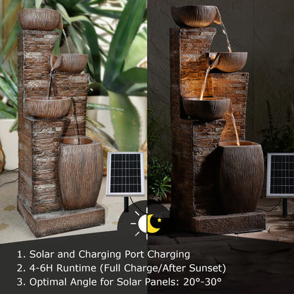 Pivotify 38.2" Tall Solar Powered Water Fountain for Outdoor,4 Tiers Modern Cascading Bowls and Stacked Stones Solar Fountains with LED Lights for Garden, Patio, Deck, Backyard and Home Art Decor