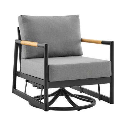 Armen Living Royal Outdoor Patio Swivel Glider Lounge Chair in Black Aluminum and Teak Wood with Cushions