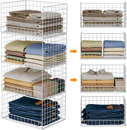Yociyoga 4-Tier Stackable Closet Organizer - Space-Saving Foldable Storage Baskets | White