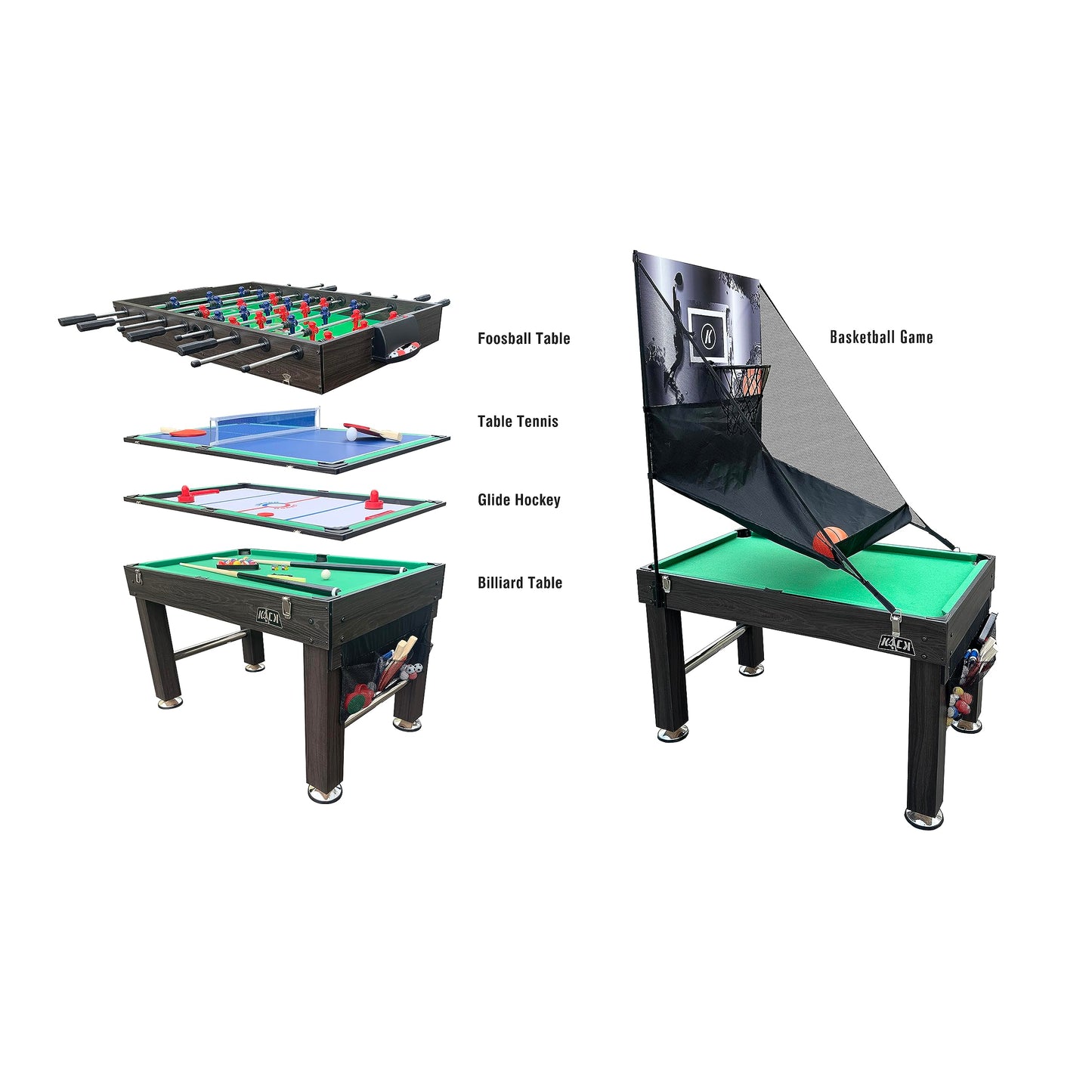 KICK Morpheus 55" 5-in-1 Multi-Game Table (Brown) – Foosball, Billiards/Pool, Ping Pong, Glide Hockey, and Basketball