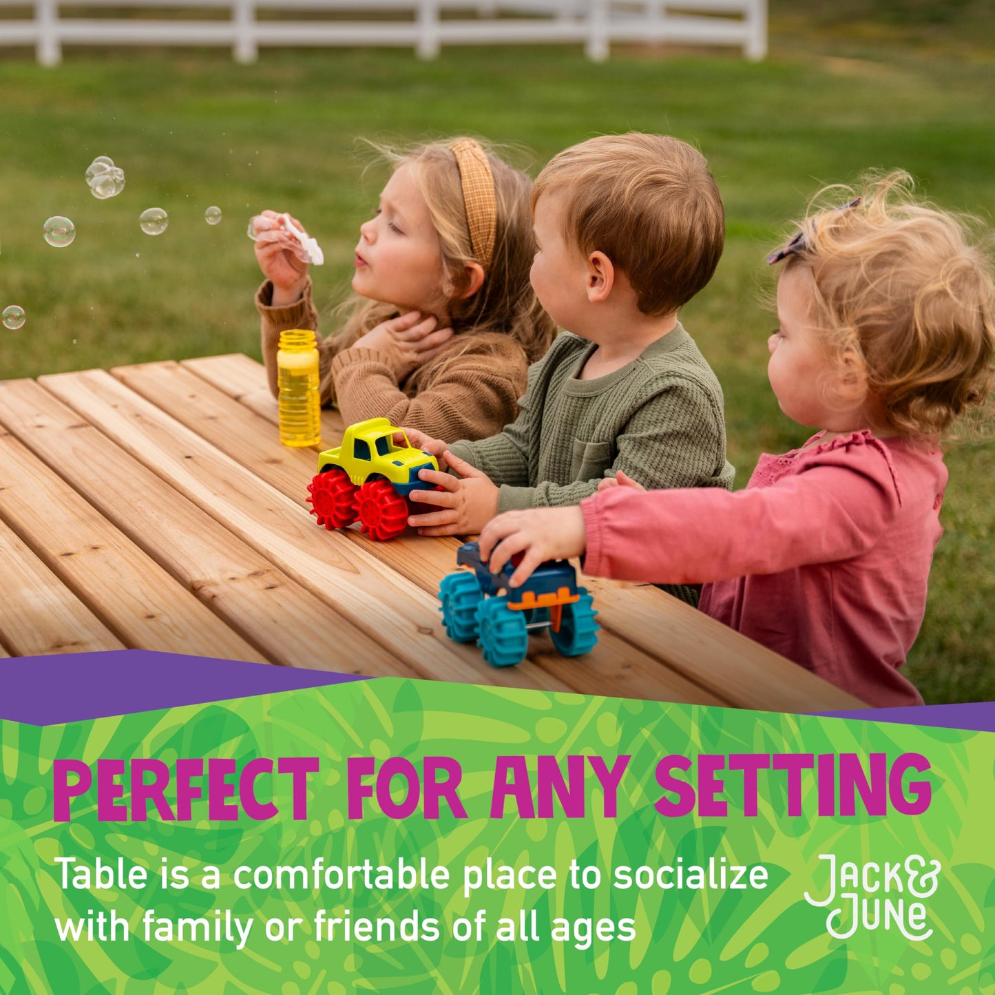Jack and June Premium Cedar Wood Rectangular Picnic Table Easy Assembly Rounded Corners Comfortable for Kids and Adults