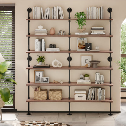 Anynice Industrial Ladder Shelf Bookcase, Wall Mounted Rustic Bookshelf, Retro Wood Metal Pipe Industrial Shelves for Living Room(Weathered Brown, 6 Tier - 10" D x 70" W x 82.5" H)