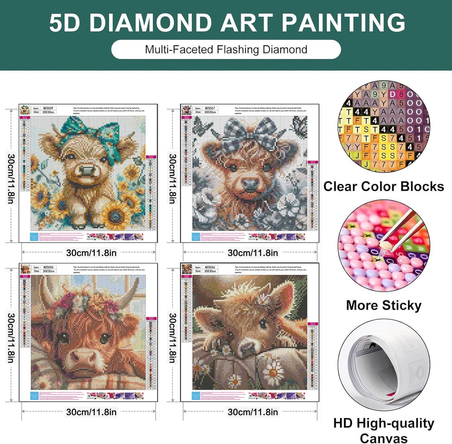 mrpwnle 4 Pack Cow Diamond Art Kits for Adults - DIY Cute Animals Diamond Painting Kits for Adults Beginner, Simple 5D Full Drill Diamond Art Dots Gem Art Kit for Home Wall Decor 12x12inch