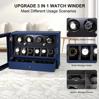 DUKWIN Watch Winder for Automatic Watches, Lockable Winders with Watch & Jewelry Storage, Super Quiet Motor with High-Gloss Finish, Built-in Illumination, Blue