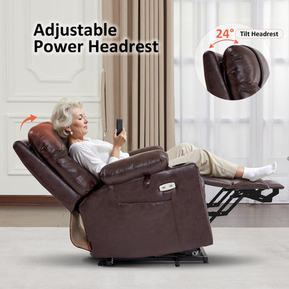 MCombo Small Power Lift Recliner Chair Sofa with Massage and Dual Heating, Adjustable Headrest for Elderly People Petite, USB Ports, Faux Leather 7111 (Dark Brown)