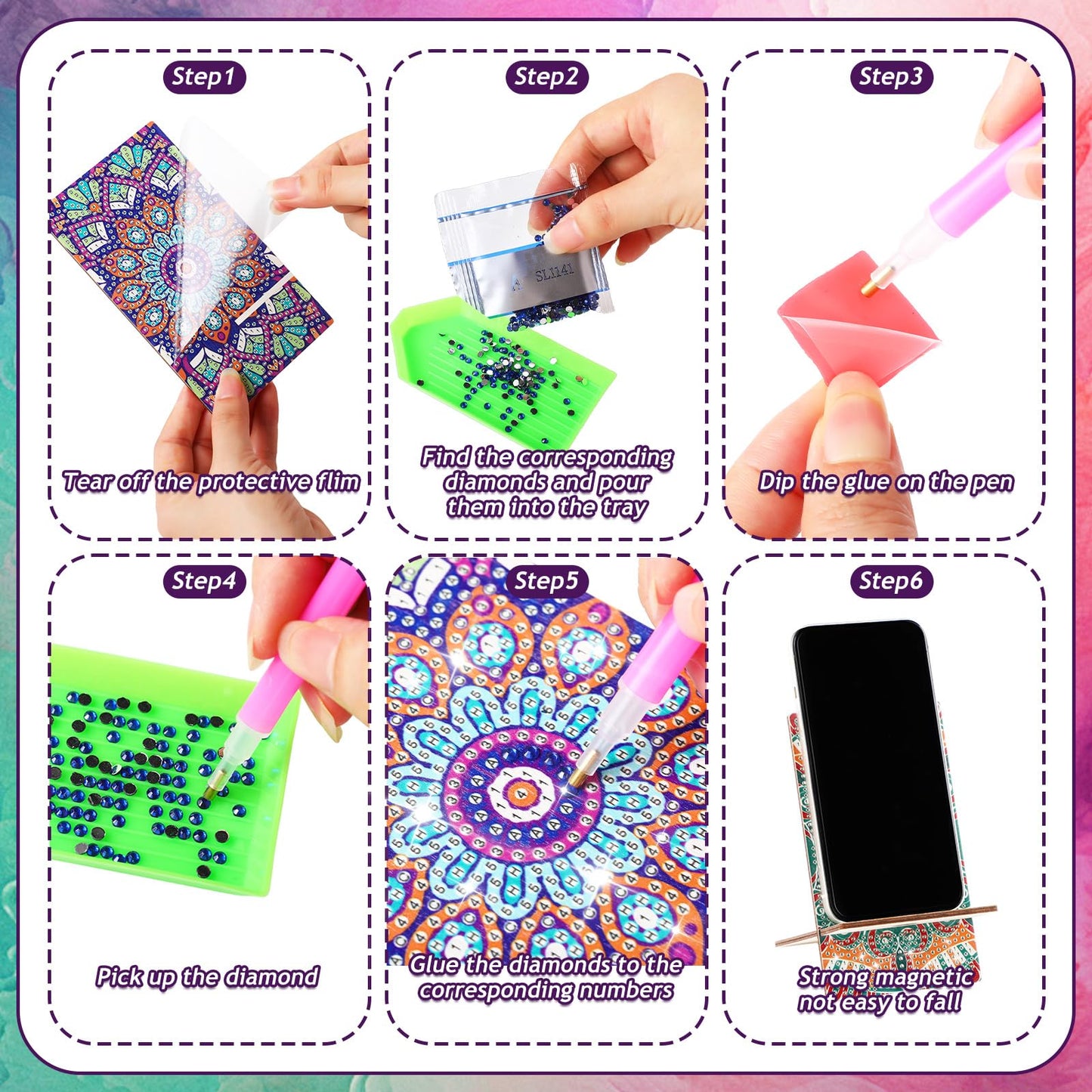 Saillong 4 Pcs Large Mandala Diamond Painting Cell Phone Stand 5.5 Inch DIY Full Drill Crystal Diamond Art Phone Holder Bling Painting Art Craft Kits for Beginner Adult