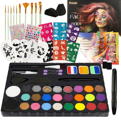 Pintada 26 Color Face Painting Kit for Kids - Non-Toxic Water Activated Face Paint Palette with Brush, Stencils, Gems - For Halloween, Carnivals, Costume Parties, Body Art, Fairs & Creative Events.