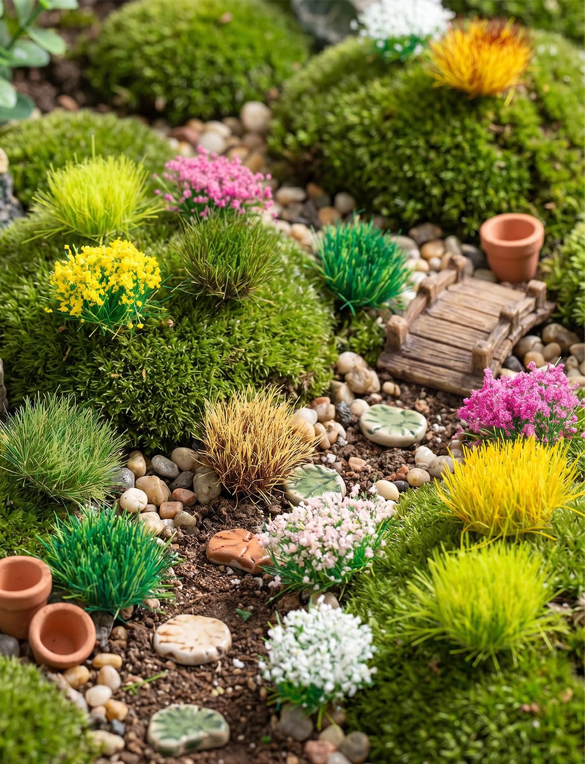 HFKPJRT 140 Pcs Static Grass Tufts & Miniature Flowers Cluster for Crafts, Diorama Supplies & Terrain Model Kit, Artificial Model Grass for Fairy Garden Accessories, Train Railroad Scenery
