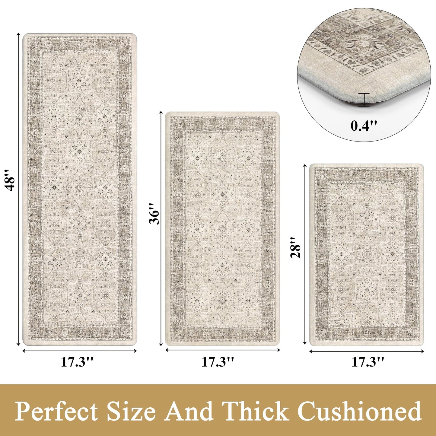 Pauwer Anti Fatigue Kitchen Floor Mats Set of 3, PVC Foam Padded Kitchen Rugs, Non Slip Cushioned Comfort Standing Mat, Waterproof Sink Rug for Small Kitchen Area, Laundry Room, Khaki